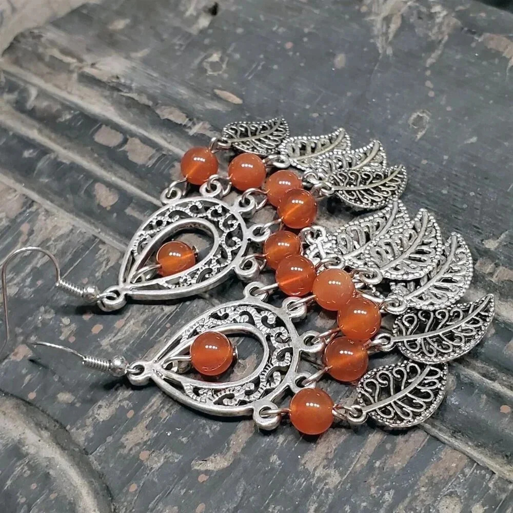 Handcrafted Red Carnelian Gemstone Antique Silver Leaves Chandelier Earrings